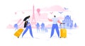 Sightseeing holiday in Paris flat illustration man and woman with suitcases in European city