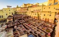 Dye reservoirs and vats in traditional tannery of city of Fez, Morocco Royalty Free Stock Photo