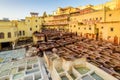 Dye reservoirs and vats in traditional tannery of city of Fez, Morocco Royalty Free Stock Photo
