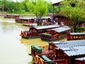 Sightseeing sculling boats lines up Royalty Free Stock Photo