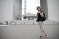 Sightseeing tour. Girl tourist sunglasses enjoy city center square. Backpacker exploring city. Summer vacation. Woman