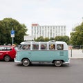 Sightseeing tour in an old VW Bulli through the city of Berlin Royalty Free Stock Photo