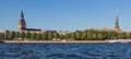 Sightseeings of Riga from the river Daugava. View of the Dome Cathedral, St. Peter`s Church and the promenade