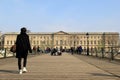 Sightseers crossing long wood bridge, Paris,France,2016