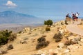 Sightseers enjoy the view at Keys View, overlooking the Coachella Valley at Joshua Tree National Park, California