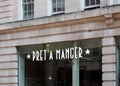 Sign above a pret a manger cafe and takeaway sandwich shop in manchester city centre Royalty Free Stock Photo