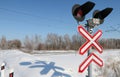 Sign adjustable railway crossing equipped with a semaphore, signal columns Royalty Free Stock Photo