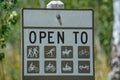 The sign for allowed recreation activities in the Rocky Mountains of Colorados