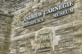 Sign of the Andrew Carnegie museum in Dunfermline, Scotland