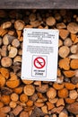 A sign on the ban on flying quadrocopters hangs on stacked wooden bars