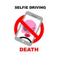 Sign ban on selfie. Strikethrough phone with skull. Selfie driv