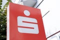 Sign, banner with letters S Sparkasse, local government-controlled savings banks, concept German Banking System, Karlsdorf-