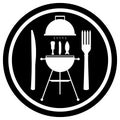 Sign barbecue grill with appetizing sausage, meat on bone, fish and fork with knife. Silhouette on round black plate.