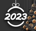 2023 sign in bauble frame with fir, yellow hanging baubles