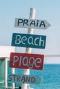 Sign on a beach in Algarve, Portugal translating beach in various languages including, Portuguese, English, French and Dutch