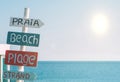 Sign on a beach in Algarve, Portugal translating beach in various languages including, Portuguese, English, French and Dutch with