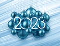 2023 sign in with blue hanging baubles on brush strokes background