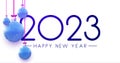 2023 sign with blue hanging baubles and snow