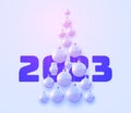 2023 sign with blue hanging baubles in triangle christmas tree shape