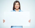 Sign board. Business woman holding big white card. Royalty Free Stock Photo