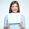 Sign board. Business woman holding big white card. Royalty Free Stock Photo