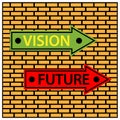 Sign board Directing To Visions And To The Future. Vector Illustration on Brick wall background.