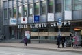 Sign board and logos on the wall of client center in Riga, Latvia