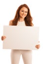 Sign board. Woman holding big white blank card. Positive emotion Royalty Free Stock Photo