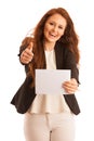 Sign board. Woman holding big white blank card. Positive emotion Royalty Free Stock Photo