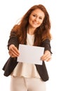 Sign board. Woman holding big white blank card. Positive emotion Royalty Free Stock Photo