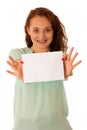 Sign board. Woman holding big white blank card. Positive emotion Royalty Free Stock Photo