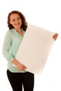 Sign board. Woman holding big white blank card. Positive emotion Royalty Free Stock Photo