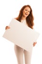 Sign board. Woman holding big white blank card. Positive emotion Royalty Free Stock Photo