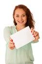 Sign board. Woman holding big white blank card. Positive emotion Royalty Free Stock Photo