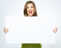 Sign board. Woman holding big white blank card. Royalty Free Stock Photo