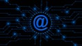 AT sign centered into information connecting lines - abstract cyber technology and automation concept - graphic elements in blue Royalty Free Stock Photo