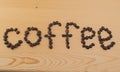 Sign coffee made of roasted beans on wooden table