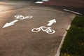 Sign cyclist and the direction arrow on the background of asphalt road Royalty Free Stock Photo