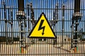 Sign of danger by electrocution in front of an installation of electrical transformers