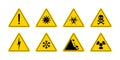 Sign of danger. Triangle sign for caution. Icon of toxic, skull, poison, biohazard, virus, electric voltage and radiation. Logo