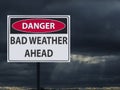 Sign dangerous bad weather ahed and dark clouds of snow and rain Royalty Free Stock Photo