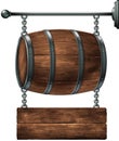 Sign design for a pub or wine bar in the form of a barrel on chains. High detailed realistic illustration Royalty Free Stock Photo