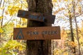 Sign directing hikers to Penn Creek campground along the Superior Hiking Trail in Minnesota