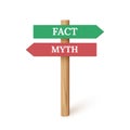 Sign direction with myth and fact arrow, 3d wooden signpost for true or false facts
