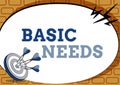 Sign displaying Basic Needs. Concept meaning necessary to sustain life like food, water, shelter, and clothing