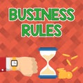 Sign displaying Business Rules. Business idea a specific directive that constrains or defines a business Businessman