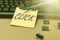 Sign displaying Click. Conceptual photo Act of pressing a button on a mouse similar device Sharp short sound Multiple Royalty Free Stock Photo