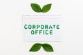 Sign displaying Corporate Officehome department that support primary departments indirectly. Concept meaning home