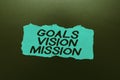 Sign displaying Goals Vision Mission. Word for practical planning process used to help community group Thinking New