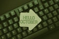 Sign displaying Hello October. Word Written on Last Quarter Tenth Month 30days Season Greeting Abstract Typing Online